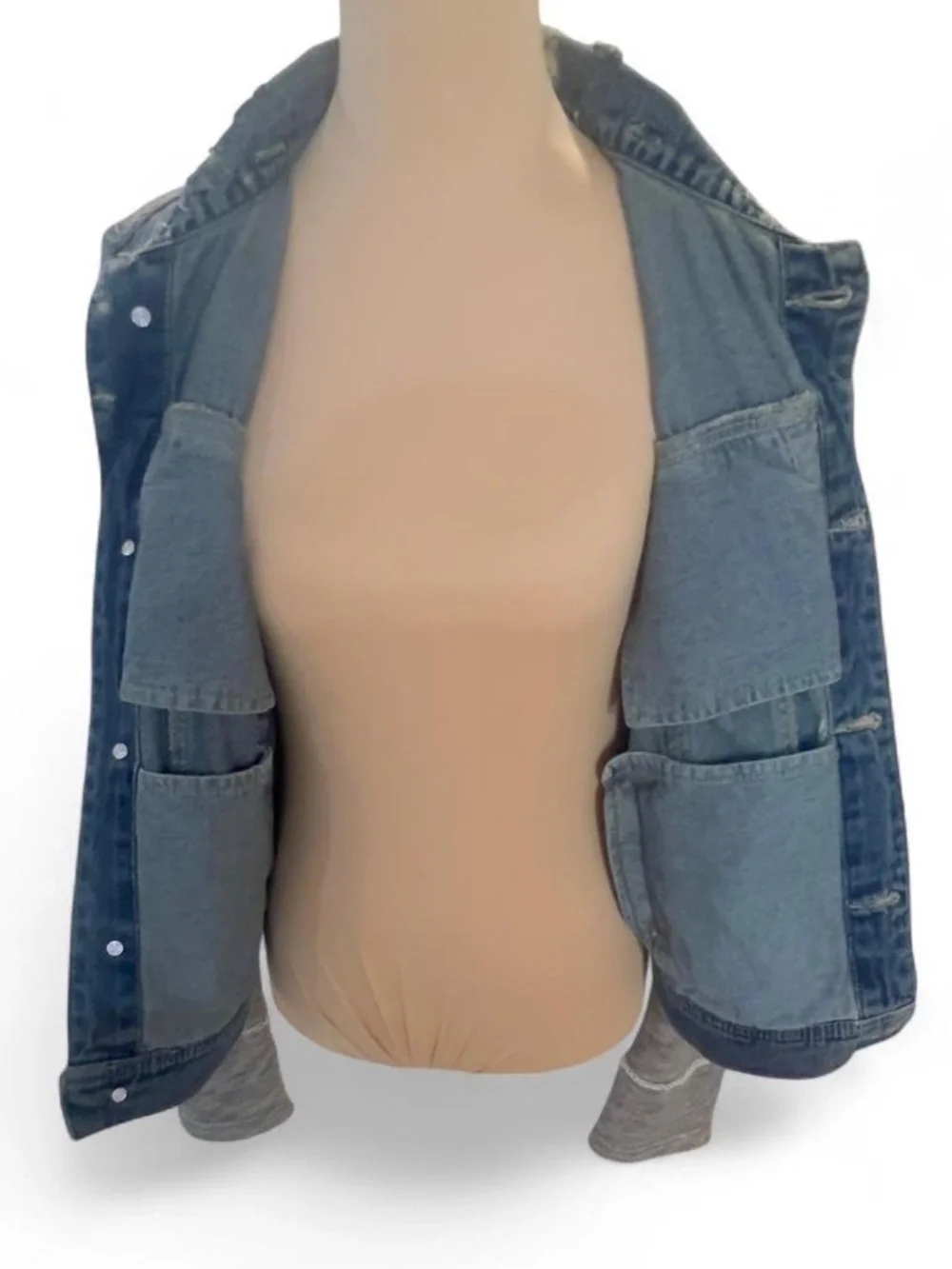 Free People Distressed Denim Jacket with Jersey Sleeves & Detachable Hood - Picture 6 of 8
